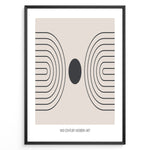 Ladda upp bild till gallerivisning, Framed mid-century modern art poster with black geometric line patterns and a central dark circle on a beige background.
