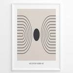 Ladda upp bild till gallerivisning, Framed mid-century modern art poster with black geometric line patterns and a central dark circle on a beige background.
