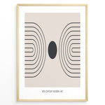 Ladda upp bild till gallerivisning, Framed mid-century modern art poster with black geometric line patterns and a central dark circle on a beige background.
