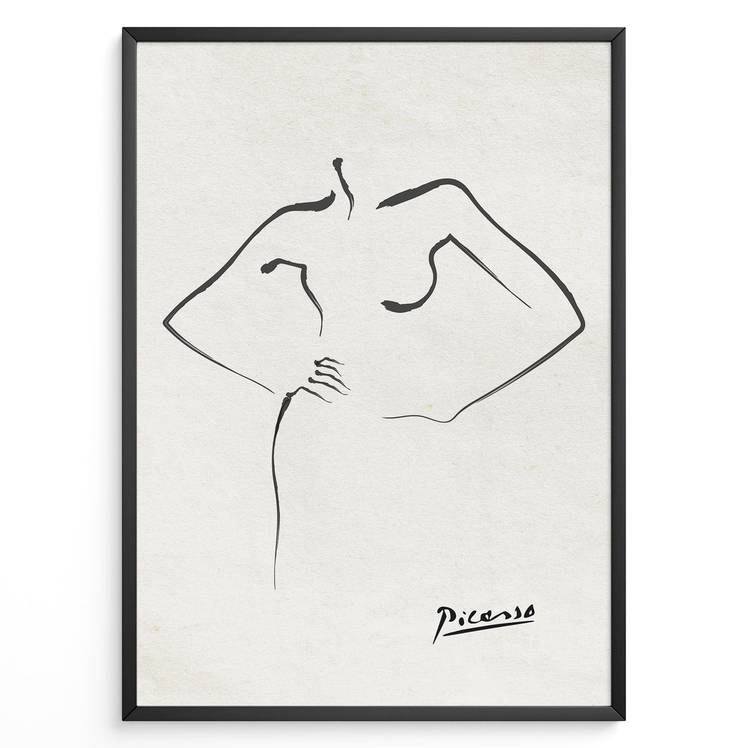 Framed Picasso line art poster depicting an abstract female figure outline in black on a textured beige background.