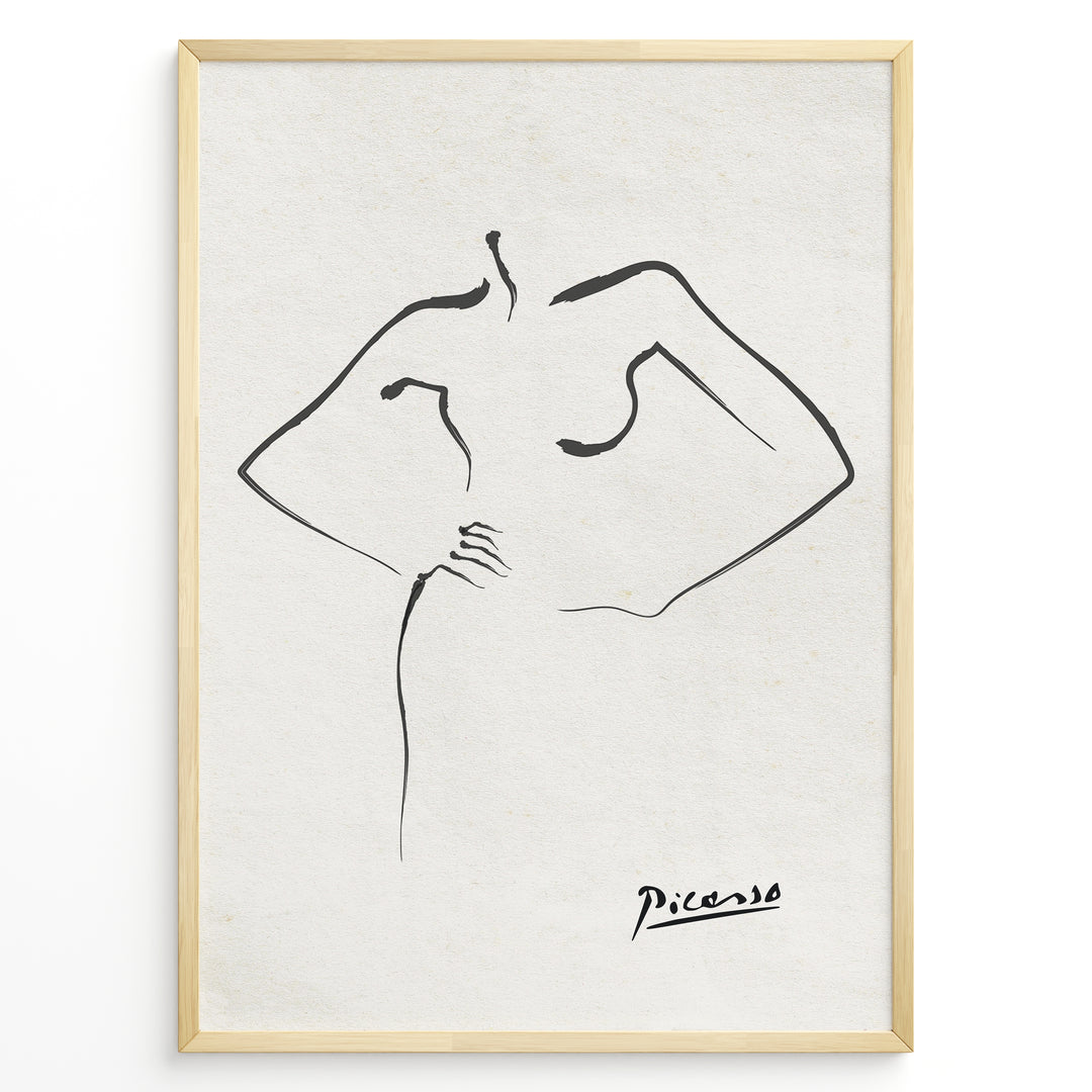 Framed Picasso line art poster depicting an abstract female figure outline in black on a textured beige background.