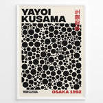 Ladda upp bild till gallerivisning, Framed Yayoi Kusama Infinity Dots art poster with black circular patterns and red Osaka 1992 text on a beige background.
