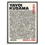 Ladda upp bild till gallerivisning, Framed Yayoi Kusama Infinity Dots art poster with layered beige and black circular patterns and red Osaka 1992 text.
