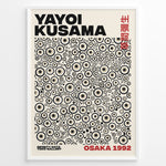 Ladda upp bild till gallerivisning, Framed Yayoi Kusama Infinity Dots art poster with layered beige and black circular patterns and red Osaka 1992 text.
