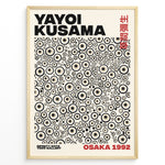 Ladda upp bild till gallerivisning, Framed Yayoi Kusama Infinity Dots art poster with layered beige and black circular patterns and red Osaka 1992 text.
