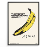 Ladda upp bild till gallerivisning, Framed Andy Warhol Banana art poster featuring The Velvet Underground &amp; Nico text on a beige background.

