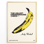 Ladda upp bild till gallerivisning, Framed Andy Warhol Banana art poster featuring The Velvet Underground &amp; Nico text on a beige background.
