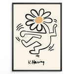 Ladda upp bild till gallerivisning, Framed Keith Haring-style poster showing a black outlined dancing figure with a daisy flower head on a beige background.

