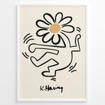 Ladda upp bild till gallerivisning, Framed Keith Haring-style poster showing a black outlined dancing figure with a daisy flower head on a beige background.
