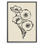 Ladda upp bild till gallerivisning, Minimalist black and white poppy flower line art print in a modern black frame on beige background
