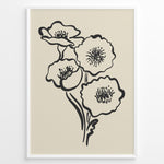 Ladda upp bild till gallerivisning, Minimalist black and white poppy flower line art print in a modern black frame on beige background
