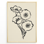 Ladda upp bild till gallerivisning, Minimalist black and white poppy flower line art print in a modern black frame on beige background

