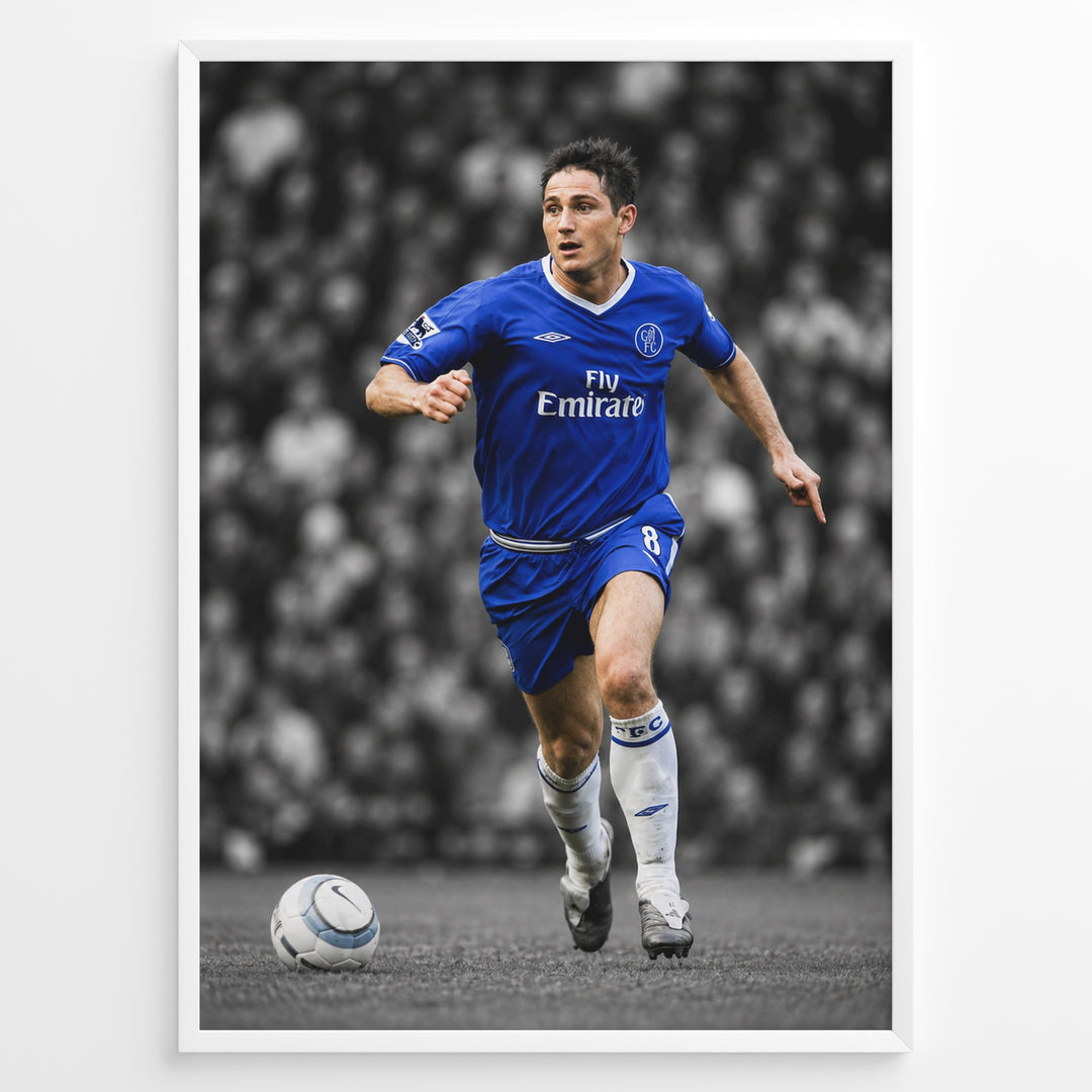 Frank Lampard wearing a Chelsea FC jersey and running with the football on the pitch. The black and white background with highlighted blue colors creates a modern and stylish Chelsea football poster design.