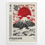 Ladda upp bild till gallerivisning, Japanske plakater | Traditional Japanese art poster of Mount Fuji (Fujisan) with a red sun, stylized waves, clouds, floral patterns, and a dragon illustration, framed in black.
