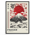 Ladda upp bild till gallerivisning, Japanske plakater | Traditional Japanese art poster of Mount Fuji (Fujisan) with a red sun, stylized waves, clouds, floral patterns, and a dragon illustration, framed in black.
