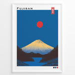 Ladda upp bild till gallerivisning, Japanske plakater | Minimalist Fujisan poster featuring Mount Fuji with a red sun and deep blue background in modern Japanese art style.
