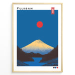 Ladda upp bild till gallerivisning, Japanske plakater | Minimalist Fujisan poster featuring Mount Fuji with a red sun and deep blue background in modern Japanese art style.
