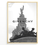 Ladda upp bild till gallerivisning, Fashion Plakat | Givenchy Paris Monumental Elegance in Black &amp; White Plakaty.dk | Black and white image of a Parisian monument with classical statues, overlaid with the Givenchy Paris logo, symbolizing luxury and timeless style.
