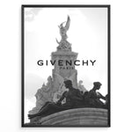 Ladda upp bild till gallerivisning, Fashion Plakat | Givenchy Paris Monumental Elegance in Black &amp; White Plakaty.dk | Black and white image of a Parisian monument with classical statues, overlaid with the Givenchy Paris logo, symbolizing luxury and timeless style.

