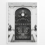 Ladda upp bild till gallerivisning, Fashion Plakat | Givenchy Parisian Gate – Black &amp; White Luxury Fashion Poster Plakaty.dk | Black and white poster featuring an ornate wrought iron gate on a grand classical building, with the word &quot;GIVENCHY&quot; centered in minimalist typography.
