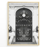 Ladda upp bild till gallerivisning, Fashion Plakat | Givenchy Parisian Gate – Black &amp; White Luxury Fashion Poster Plakaty.dk | Black and white poster featuring an ornate wrought iron gate on a grand classical building, with the word &quot;GIVENCHY&quot; centered in minimalist typography.
