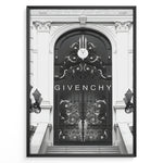 Ladda upp bild till gallerivisning, Fashion Plakat | Givenchy Parisian Gate – Black &amp; White Luxury Fashion Poster Plakaty.dk | Black and white poster featuring an ornate wrought iron gate on a grand classical building, with the word &quot;GIVENCHY&quot; centered in minimalist typography.
