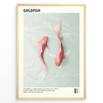 Ladda upp bild till gallerivisning, Plakater | Digital illustration of two pinkish-orange goldfish swimming in clear water with subtle wave patterns, framed in black with the title &quot;GOLDFISH&quot; and descriptive text below.
