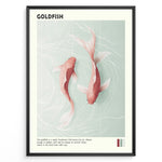 Ladda upp bild till gallerivisning, Plakater | Digital illustration of two pinkish-orange goldfish swimming in clear water with subtle wave patterns, framed in black with the title &quot;GOLDFISH&quot; and descriptive text below.
