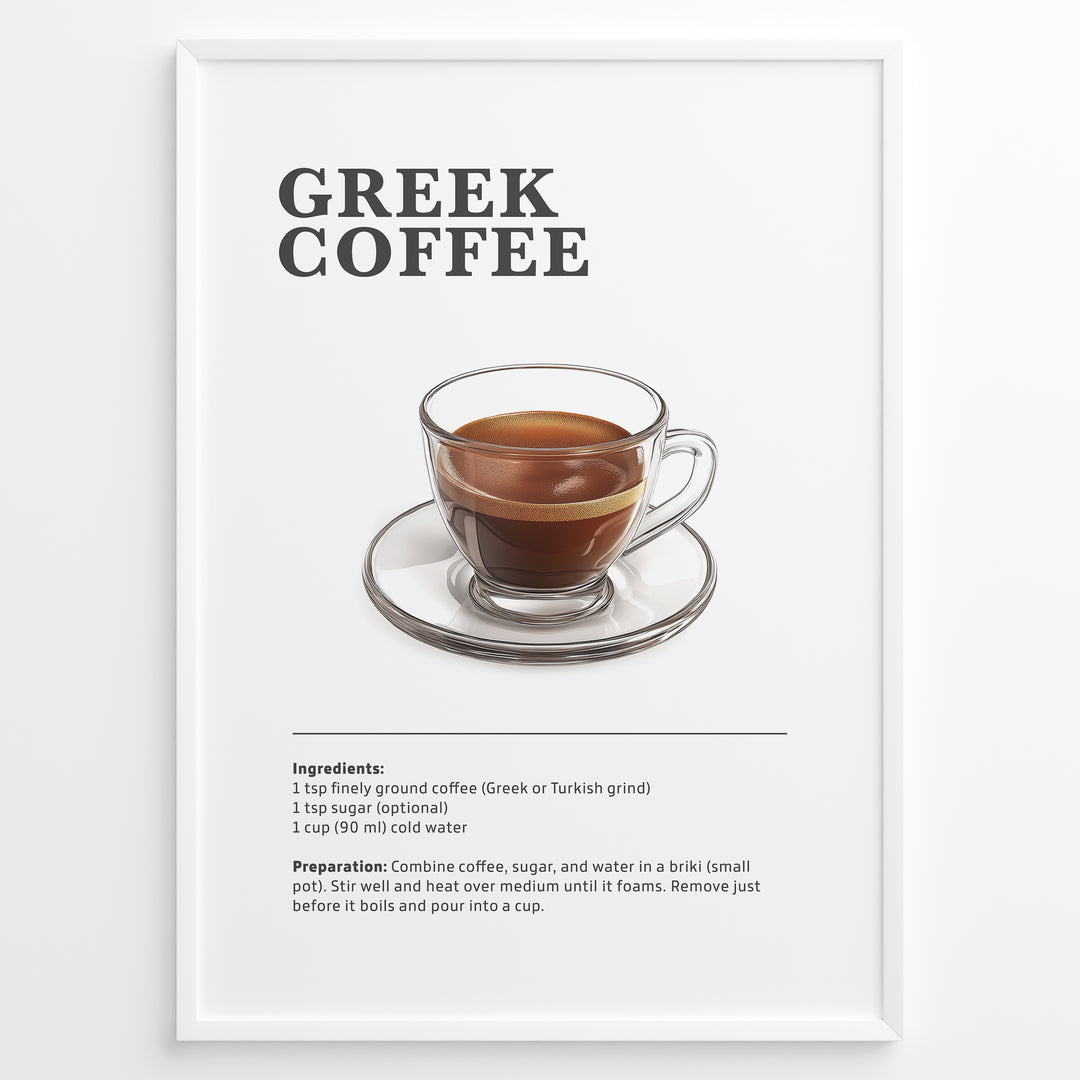 Greek coffee recipe poster featuring a glass cup of traditional briki-made coffee.