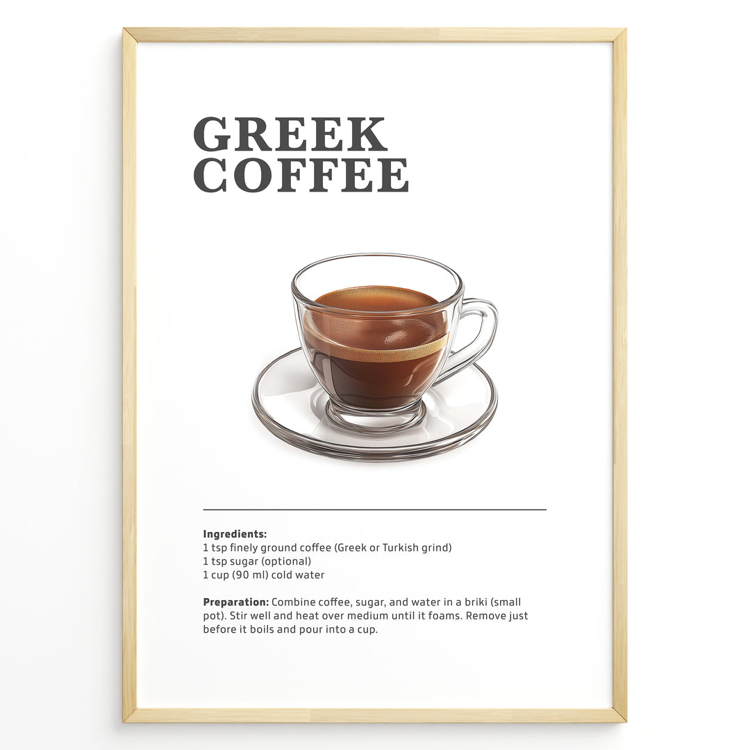 Greek coffee recipe poster featuring a glass cup of traditional briki-made coffee.