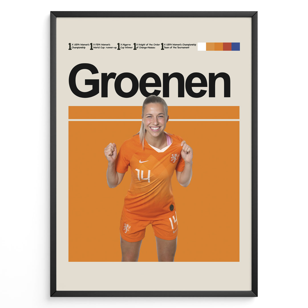 Jackie Groenen plakat | Holland landsholdstrøje i ikonisk orange med energisk udtryk – ideel til fans af kvindefodbold og Holland