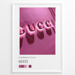 Ladda upp bild till gallerivisning, Fashion Plakat | Gucci Storefront Wall Art – Florence Italy Plakaty.dk | Gucci logo in glowing pink neon lights on a textured wall in Florence, Italy, with a modern color palette and shadows creating a bold visual effect.
