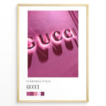 Ladda upp bild till gallerivisning, Fashion Plakat | Gucci Storefront Wall Art – Florence Italy Plakaty.dk | Gucci logo in glowing pink neon lights on a textured wall in Florence, Italy, with a modern color palette and shadows creating a bold visual effect.

