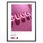 Ladda upp bild till gallerivisning, Fashion Plakat | Gucci Storefront Wall Art – Florence Italy Plakaty.dk | Gucci logo in glowing pink neon lights on a textured wall in Florence, Italy, with a modern color palette and shadows creating a bold visual effect.
