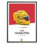 Ladda upp bild till gallerivisning, Framed poster of Lewis Hamilton’s yellow Ferrari F1 helmet with red background, featuring number 44 and Scuderia Ferrari branding.

