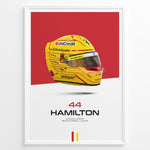 Ladda upp bild till gallerivisning, Framed poster of Lewis Hamilton’s yellow Ferrari F1 helmet with red background, featuring number 44 and Scuderia Ferrari branding.
