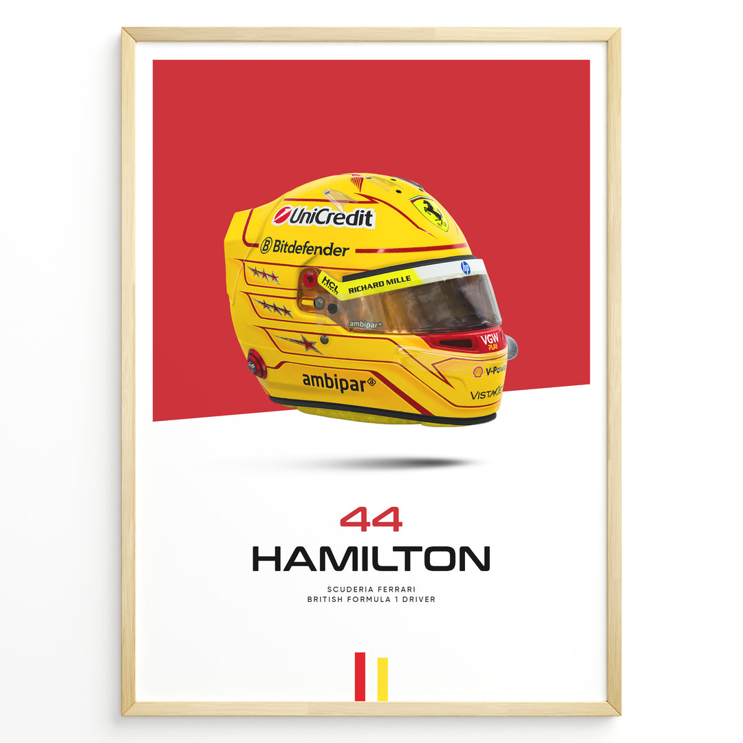 Framed poster of Lewis Hamilton’s yellow Ferrari F1 helmet with red background, featuring number 44 and Scuderia Ferrari branding.