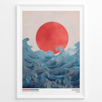 Ladda upp bild till gallerivisning, Japanske plakater | Japandi-style art print titled &quot;Hinode&quot; featuring a bold red sun rising over flowing blue ocean waves, with minimal text and a soft, neutral background.
