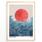 Ladda upp bild till gallerivisning, Japanske plakater | Japandi-style art print titled &quot;Hinode&quot; featuring a bold red sun rising over flowing blue ocean waves, with minimal text and a soft, neutral background.

