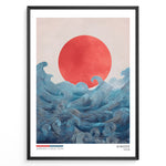 Ladda upp bild till gallerivisning, Japanske plakater | Japandi-style art print titled &quot;Hinode&quot; featuring a bold red sun rising over flowing blue ocean waves, with minimal text and a soft, neutral background.
