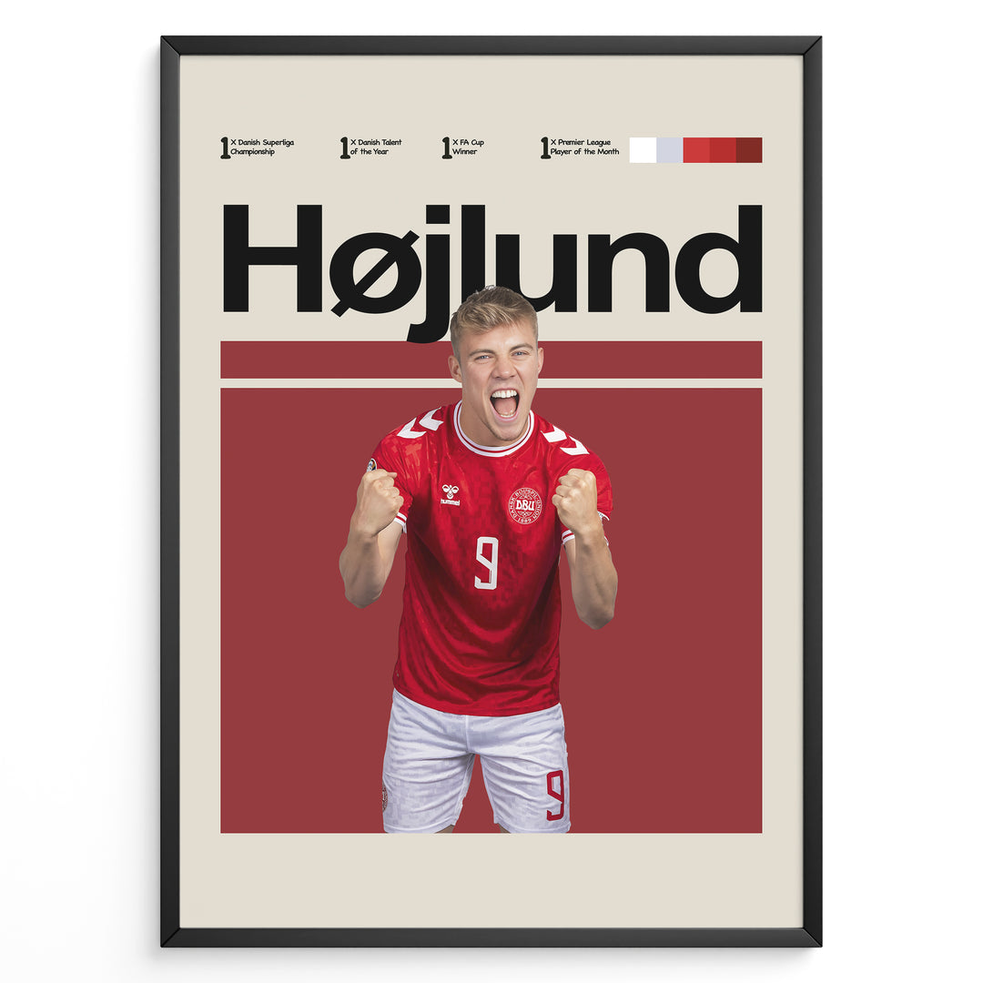 Rasmus Højlund fodbold plakat i Danmarks røde landsholdstrøje med kraftfuld jubelscene og moderne design
