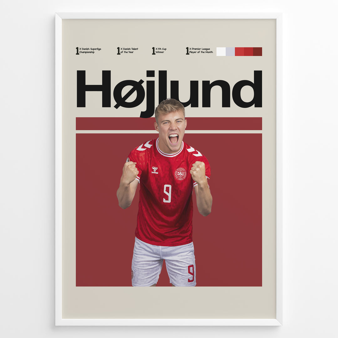 Rasmus Højlund fodbold plakat i Danmarks røde landsholdstrøje med kraftfuld jubelscene og moderne design
