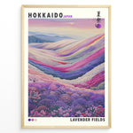 Ladda upp bild till gallerivisning, Japanske plakater | Colorful illustration of lavender and flower fields in Hokkaido, Japan, with rolling hills in soft pastel tones and a dreamy mountain backdrop.
