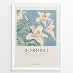Ladda upp bild till gallerivisning, Japanske plakater | Japanese art print featuring lilies on a soft blue background, titled &quot;Hokusai – Hydrangea and Swallow (1833–1834),&quot; with text indicating Tokyo, Japan.
