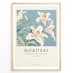 Ladda upp bild till gallerivisning, Japanske plakater | Japanese art print featuring lilies on a soft blue background, titled &quot;Hokusai – Hydrangea and Swallow (1833–1834),&quot; with text indicating Tokyo, Japan.
