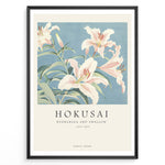 Ladda upp bild till gallerivisning, Japanske plakater | Japanese art print featuring lilies on a soft blue background, titled &quot;Hokusai – Hydrangea and Swallow (1833–1834),&quot; with text indicating Tokyo, Japan.
