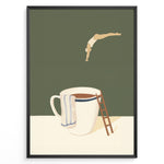 Ladda upp bild till gallerivisning, Minimalist artwork of a swimmer diving toward a large coffee cup with a ladder beside it.
