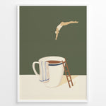 Ladda upp bild till gallerivisning, Minimalist artwork of a swimmer diving toward a large coffee cup with a ladder beside it.
