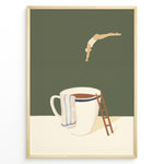Ladda upp bild till gallerivisning, Minimalist artwork of a swimmer diving toward a large coffee cup with a ladder beside it.
