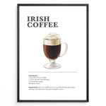 Ladda upp bild till gallerivisning, Irish coffee recipe poster with a glass of hot coffee topped with whipped cream.
